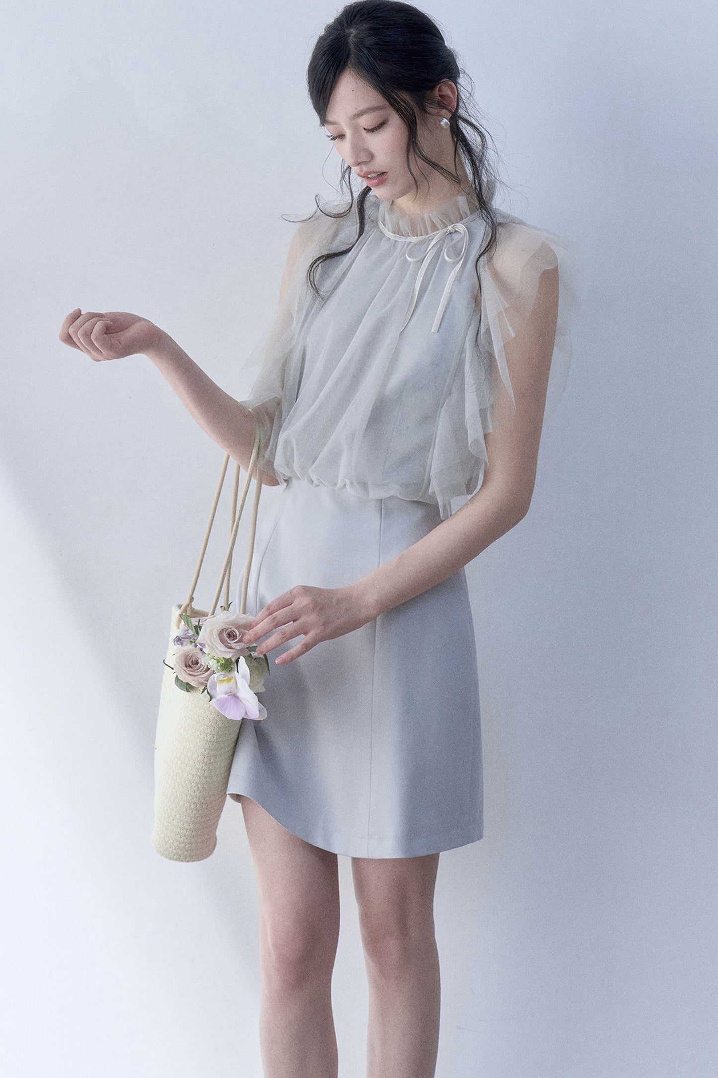 Pleated Mesh Flutter Sleeve Layered-Look Dress