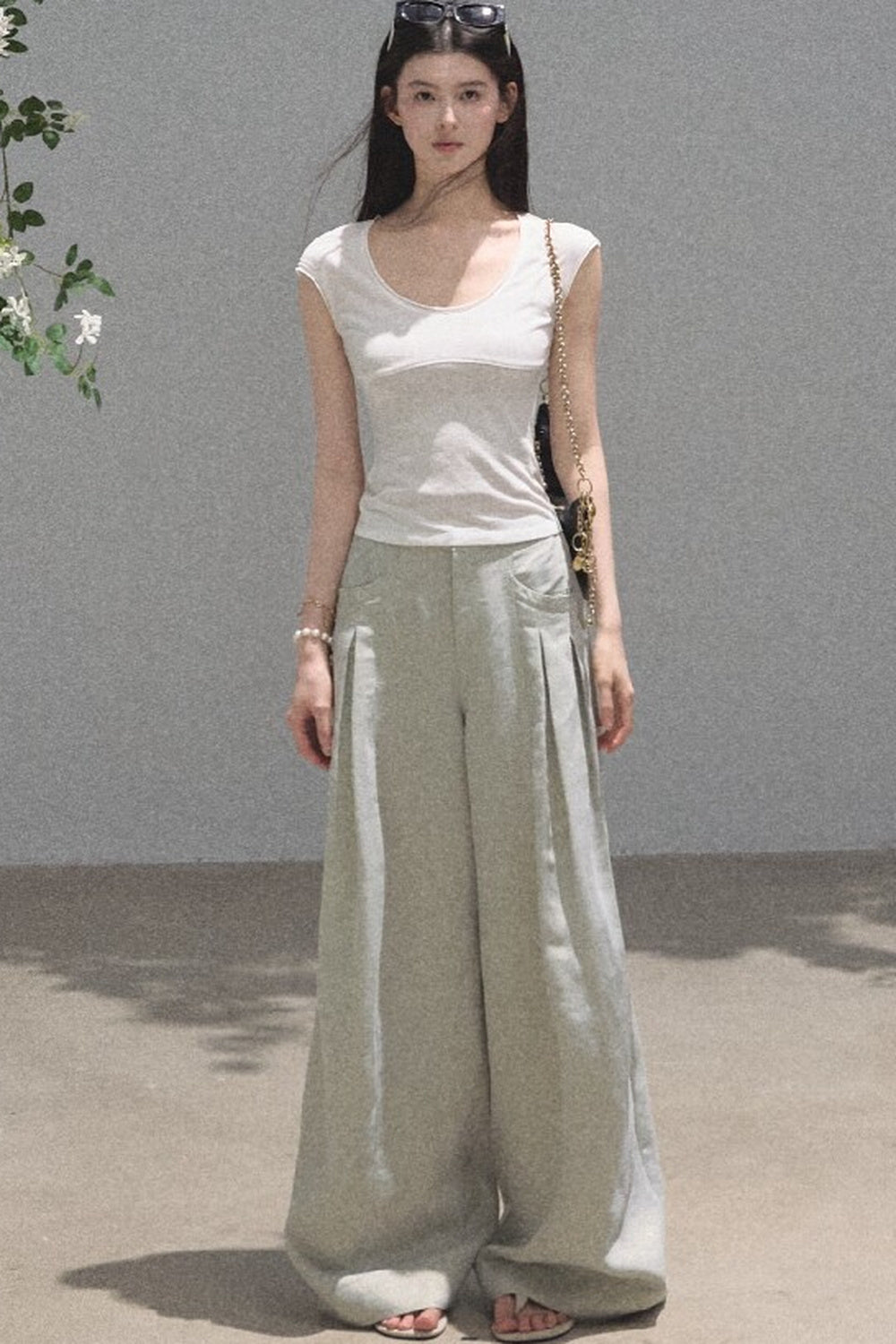Goldene weite Seiden-Leinen-Hose