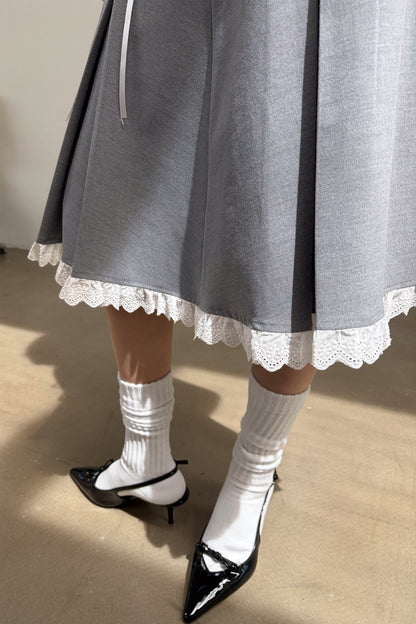 Gray Pleated Lace A-Line Skirt