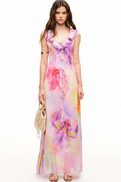 Maxikleid mit V-Ausschnitt, Rüschen und Blumenmuster