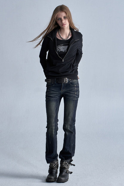 Black Long-Sleeve Zipper Print T-Shirt