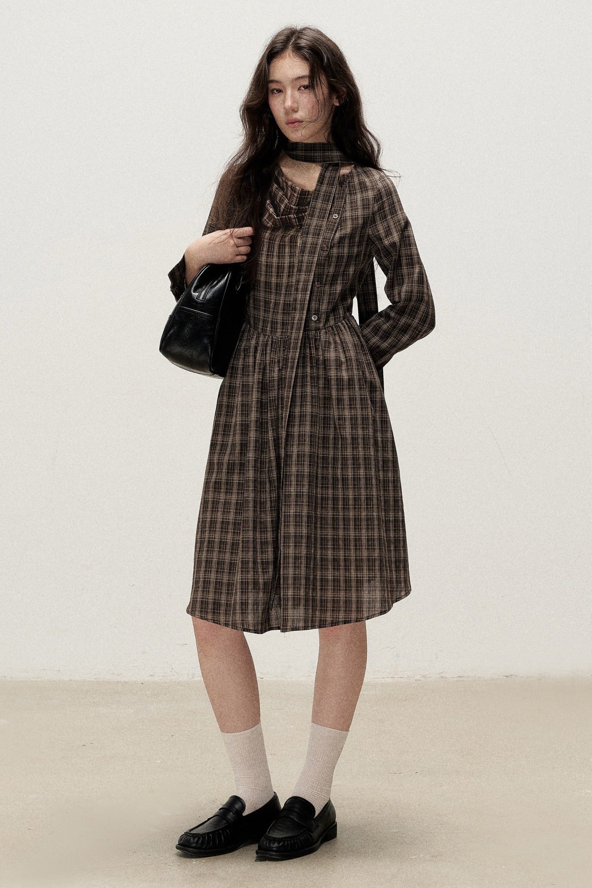 Plaid Diagonal Placket Ribbon Dress