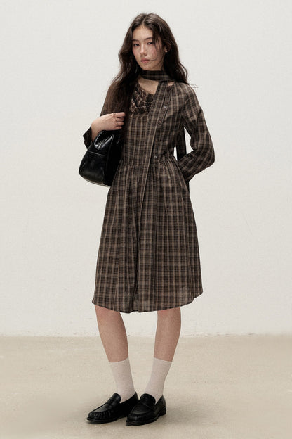 Plaid Diagonal Placket Ribbon Dress