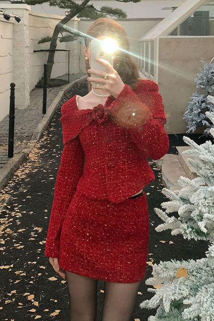 Woven Tweed Jacket and Fishtail Skirt Set-Up