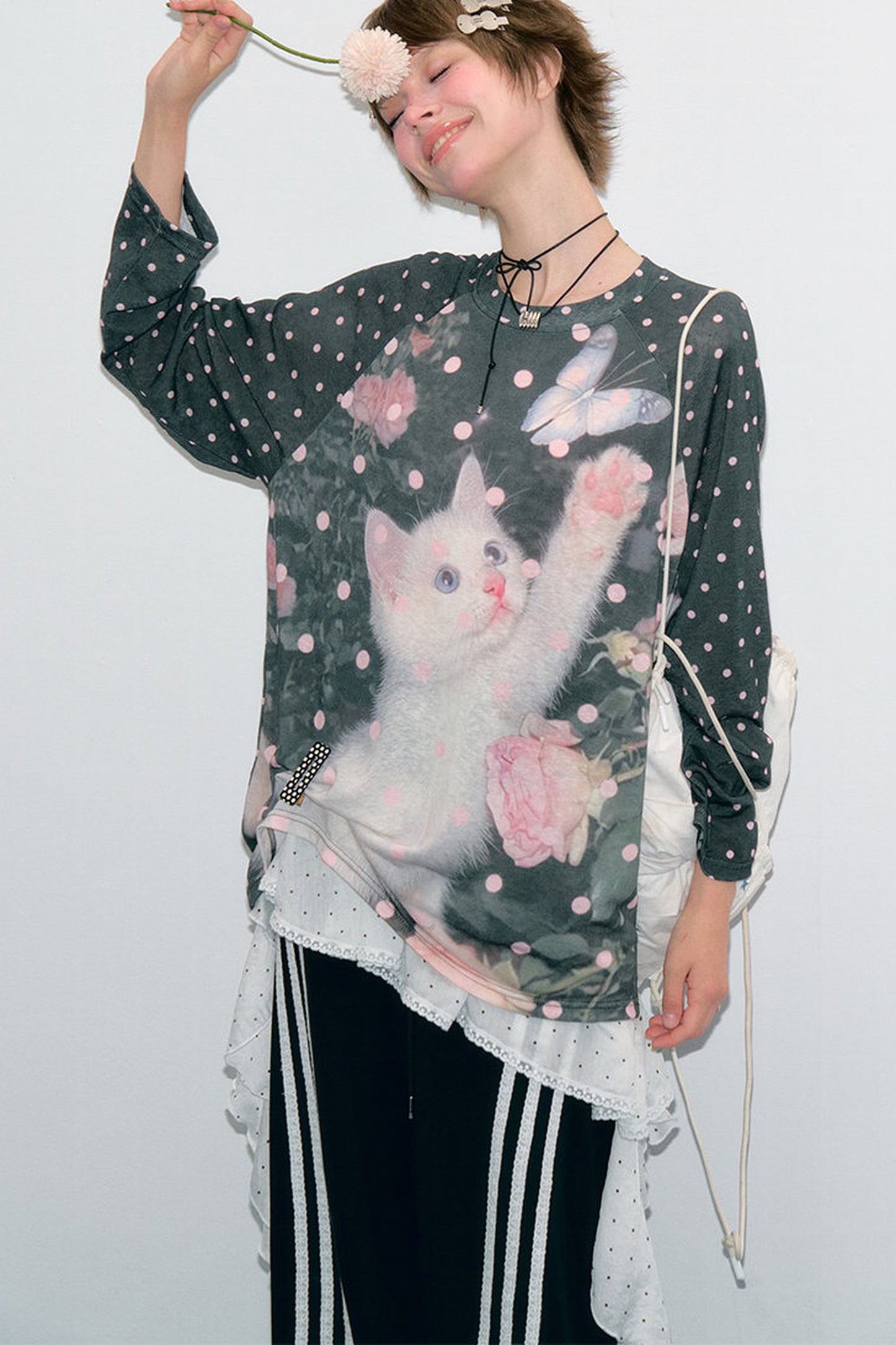 Blouse à imprimé chat et pois