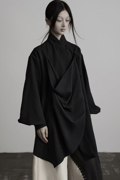 Dark New Chinese Style Draped Pleated Shirt