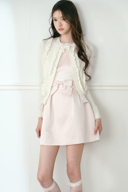 White Lace Trim Short Knit Vest Cardigan