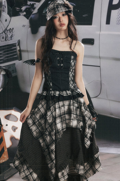 Plaid Splicing Ruffled Denim Camisole Top