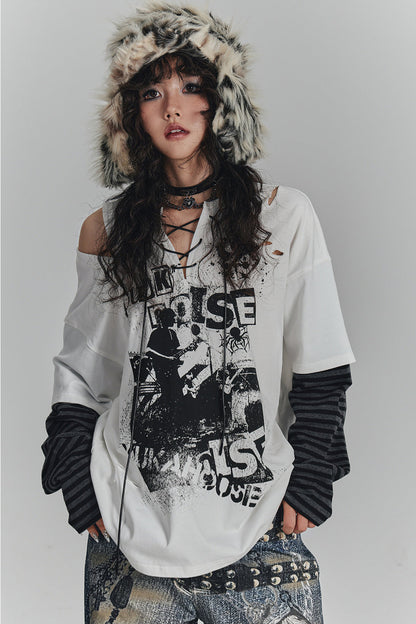 Striped Graphic Off-Shoulder T-Shirt
