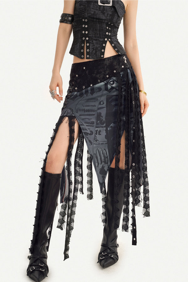 Gothic Asymmetrical Half-Length Spliced Mesh Tassel Skirt