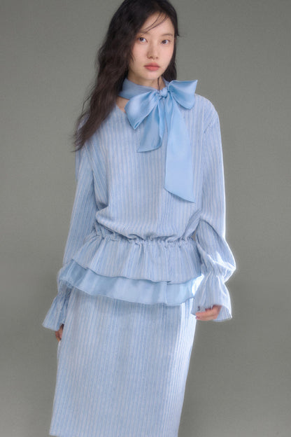 Moonlight Waterfall Long-Sleeve Ribbon Top and Skirt Set-Up