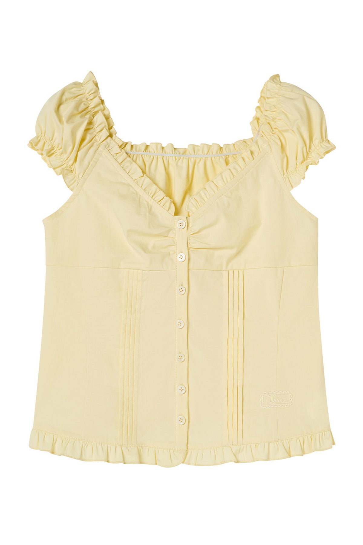 Blusa giallo crema con volant, scollo a V e maniche a sbuffo
