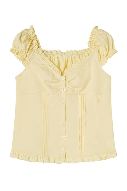 Blusa giallo crema con volant, scollo a V e maniche a sbuffo