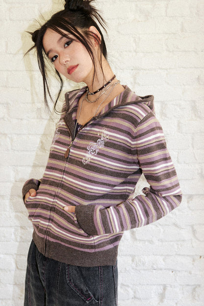 Striped Hooded Short Cardigan