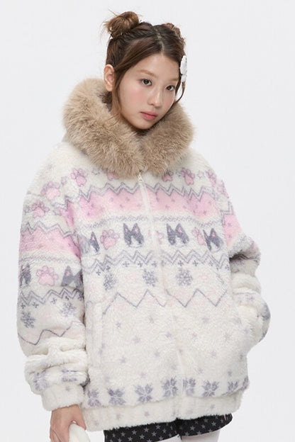 Beige Lamb Wool Fur Collar Jacket