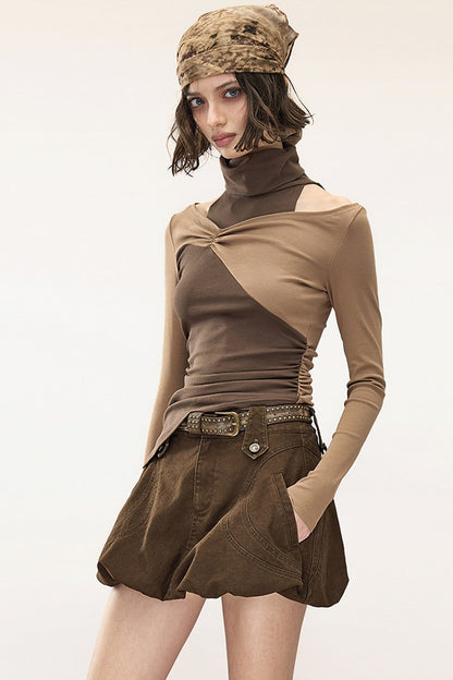 Brown Bubble Hem Pocket Skirt