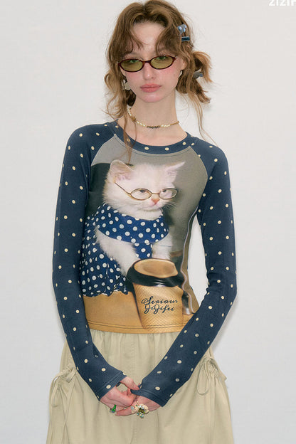 Tee-shirt raglan à imprimé chat et pois