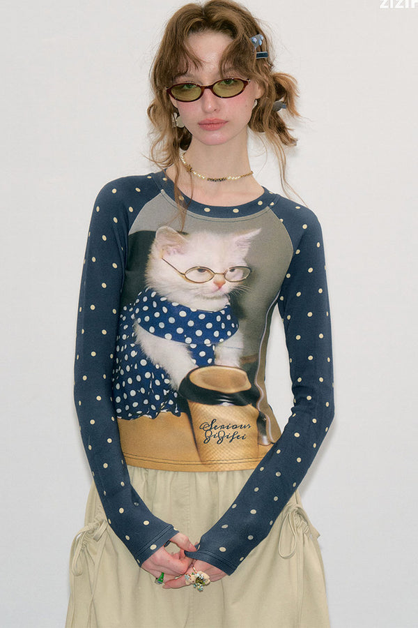 Cat Print Polka Dot Raglan T-Shirt