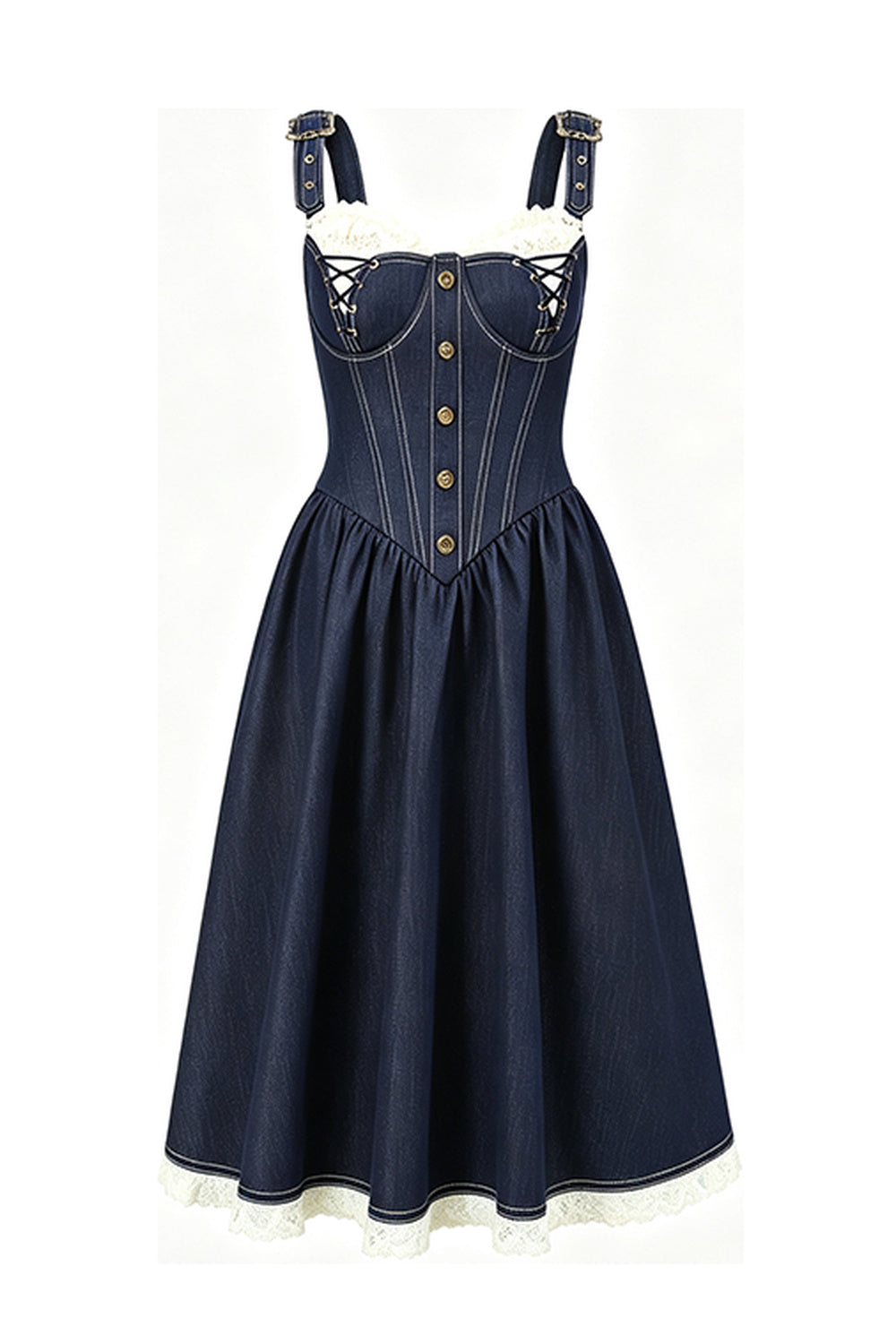Dark Blue Denim Fishbone Strap Dress