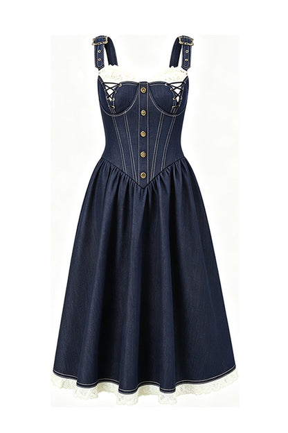 Dark Blue Denim Fishbone Strap Dress