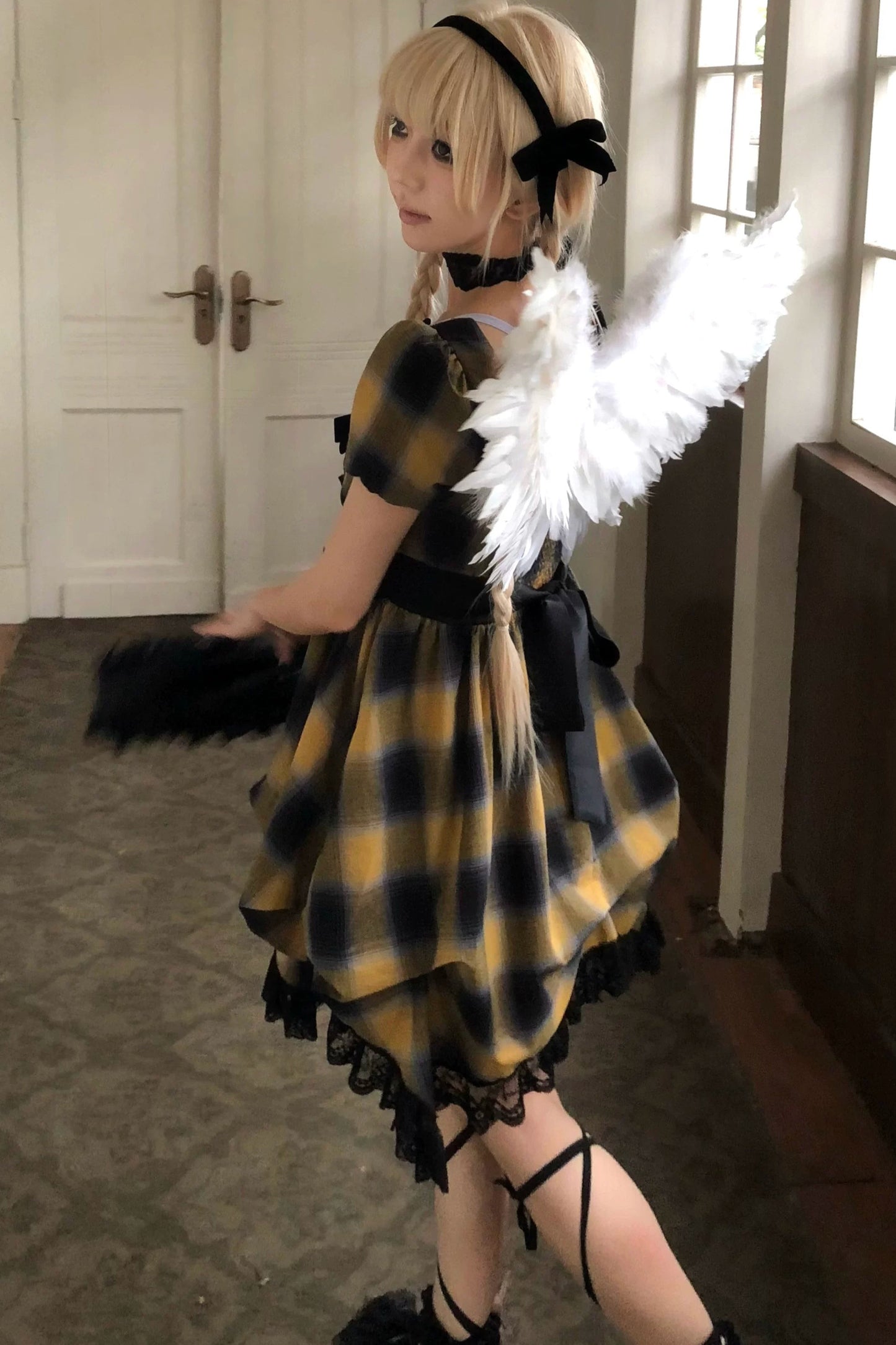 Yellow Plaid Puff Sleeve Dress Set-Up