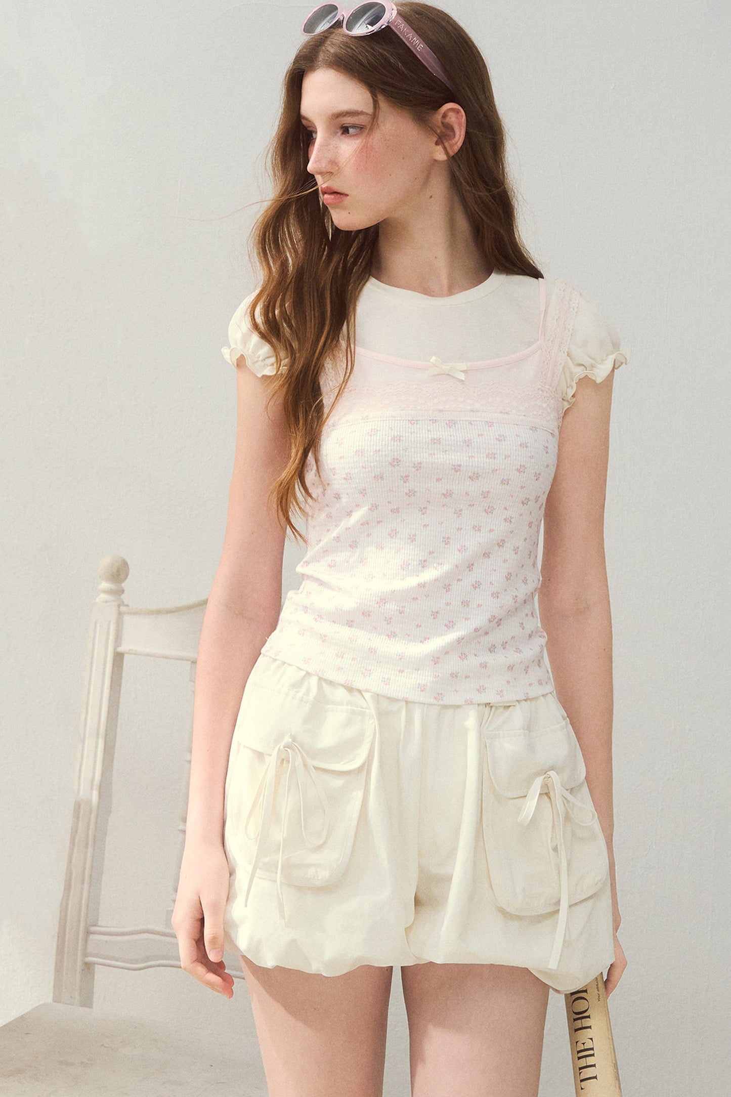 Floral Patchwork Lace Strap Puff Sleeve Top