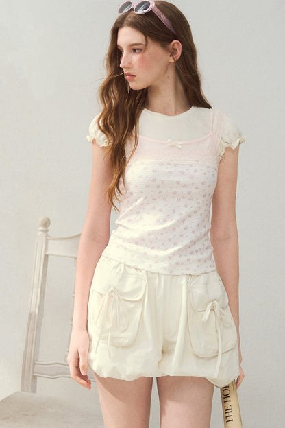 Floral Patchwork Lace Strap Puff Sleeve Top