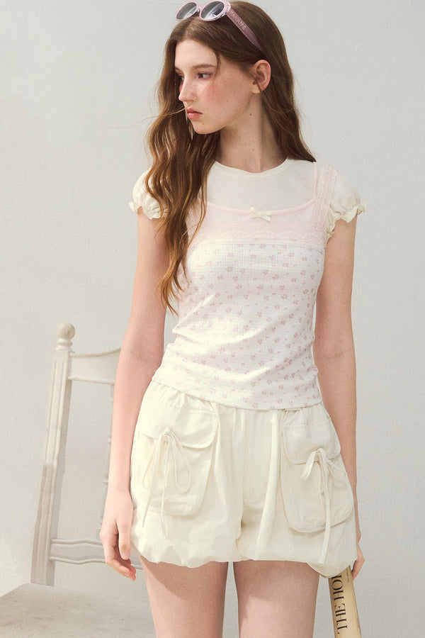 Floral Patchwork Lace Strap Puff Sleeve Top