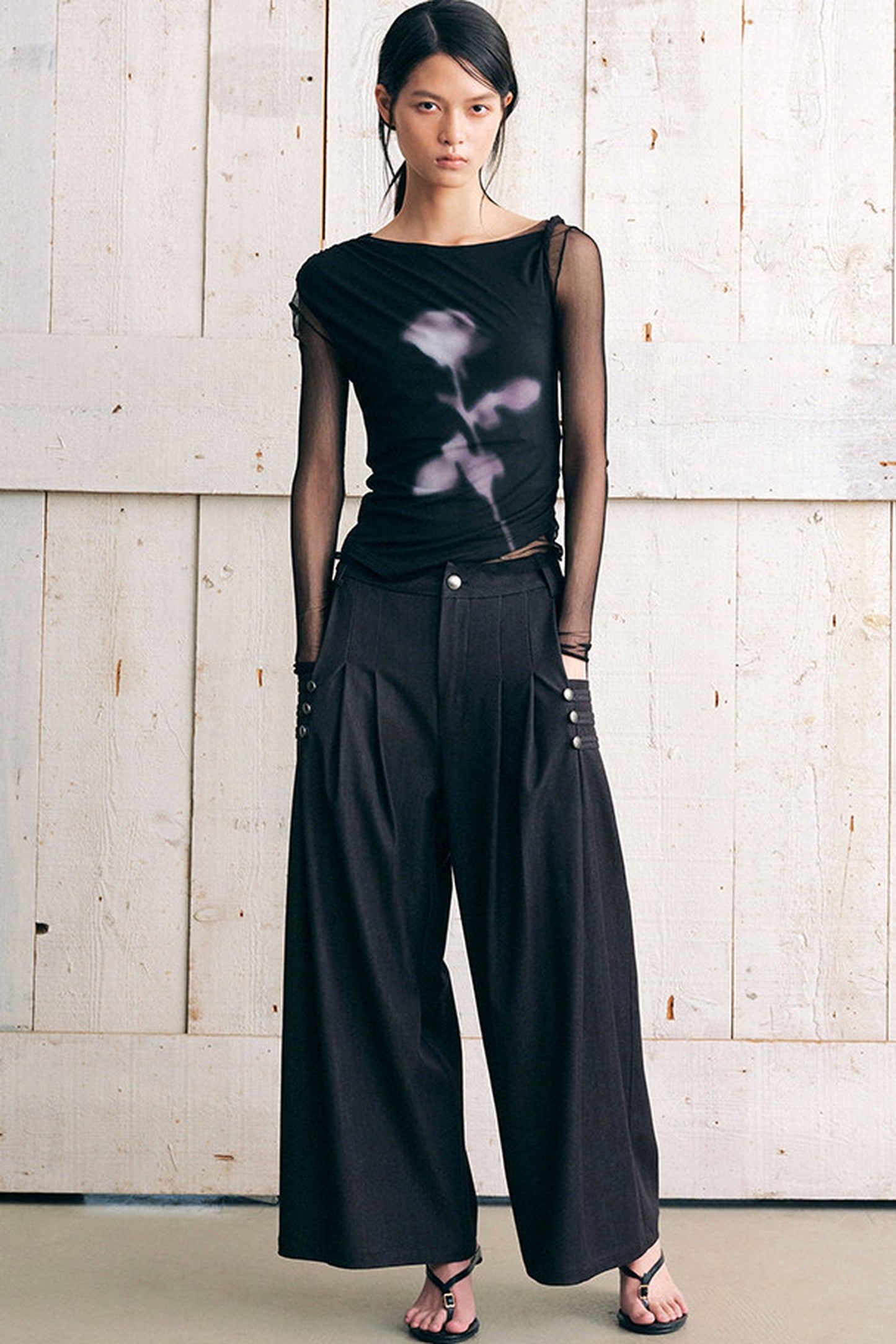 Asymmetric Off-Shoulder Rose Print Mesh Top