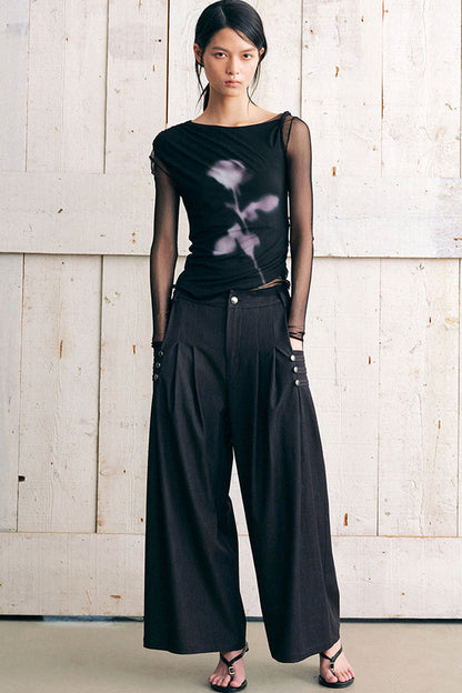 Asymmetric Off-Shoulder Rose Print Mesh Top