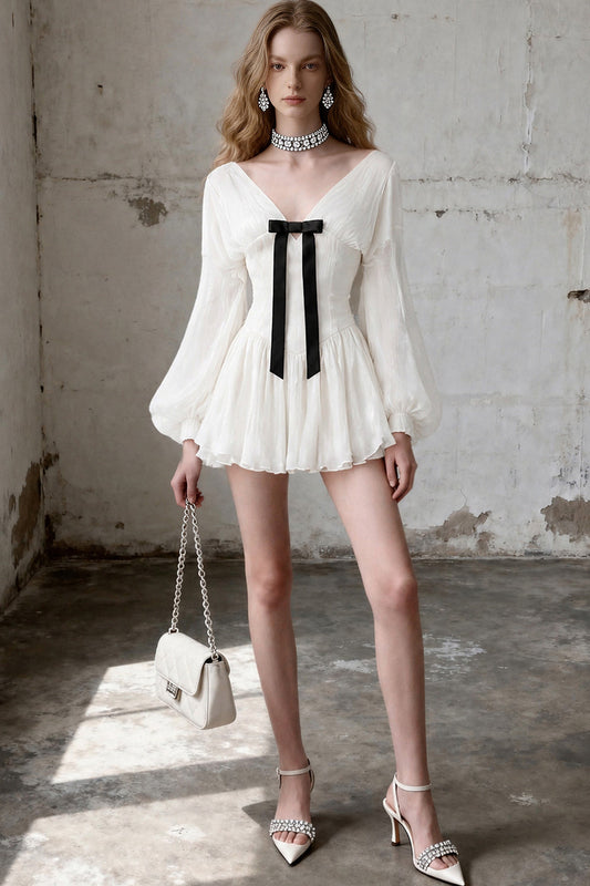 V-Neck Lantern Sleeve Flared Dress