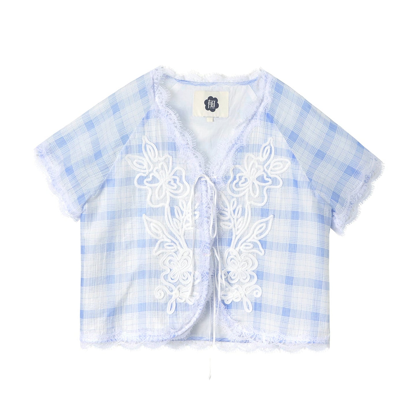 Blue White Checkered Lace Tencel Top Skirt Set-Up