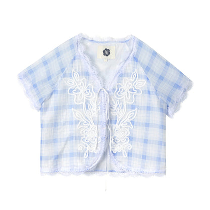 Blue White Checkered Lace Tencel Top Skirt Set-Up