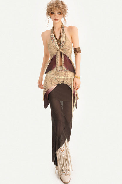 Bohemian Halter Vest And Layered Lace Maxi Set-Up