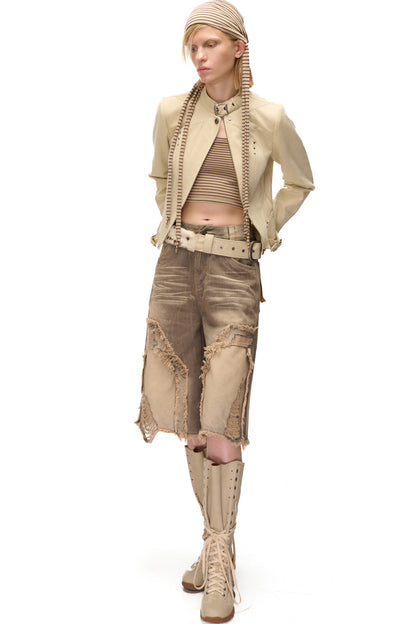 Storm Rider Washed Khaki PU Patchwork Jacket
