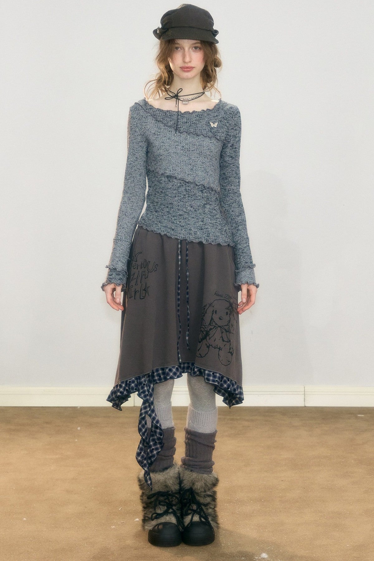Plaid Graffiti Rabbit Irregular Hem Skirt
