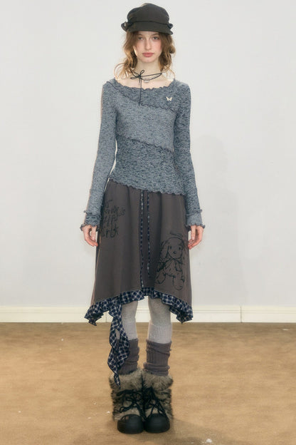 Plaid Graffiti Rabbit Irregular Hem Skirt