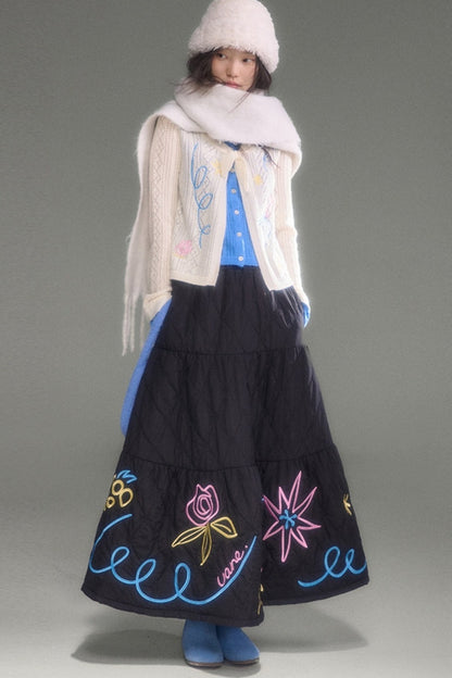 Floral Embroidered Quilted A-Line Tiered Skirt