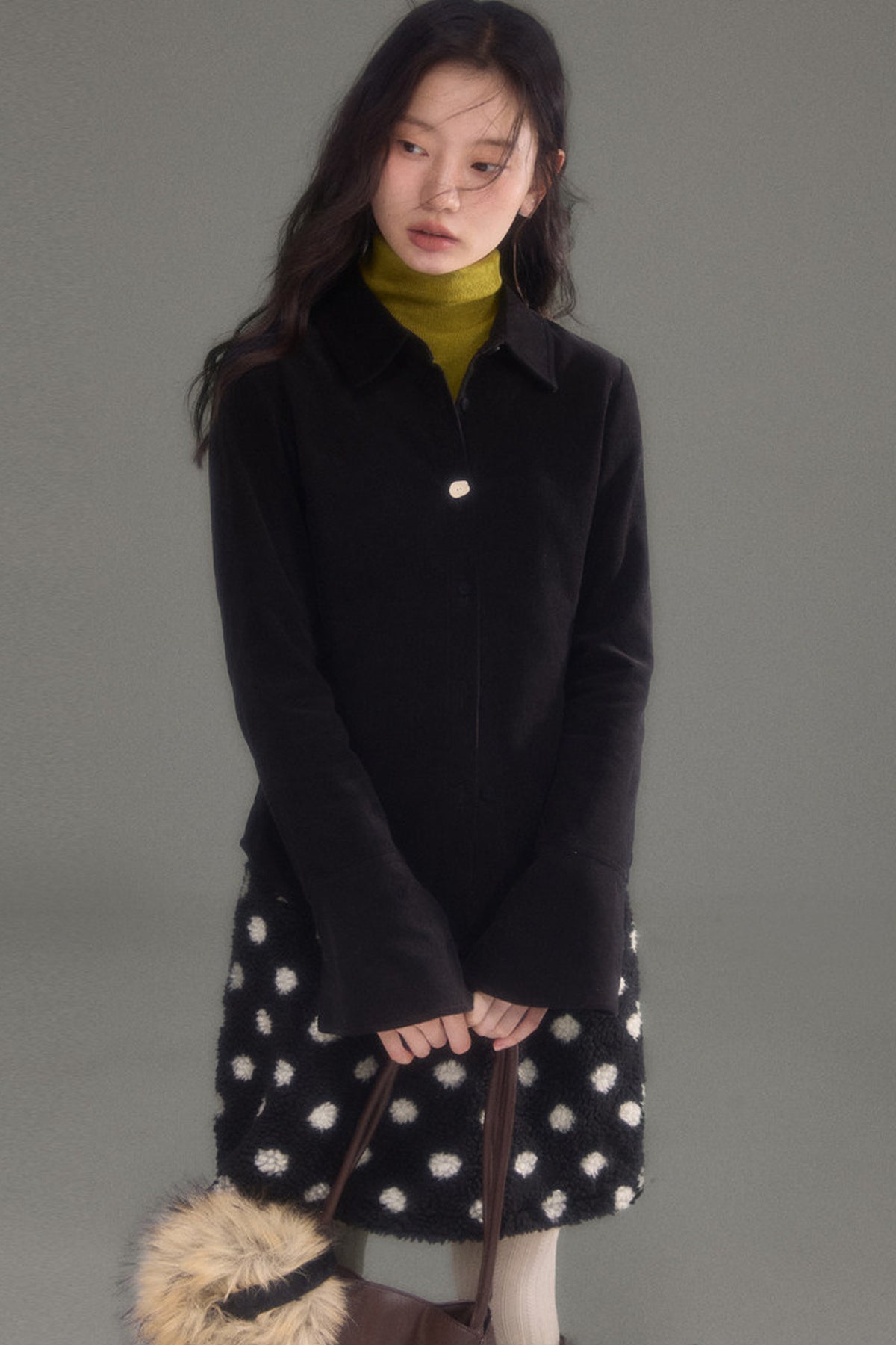 불규칙 단추 순면 코듀로이 나팔소매 셔츠
