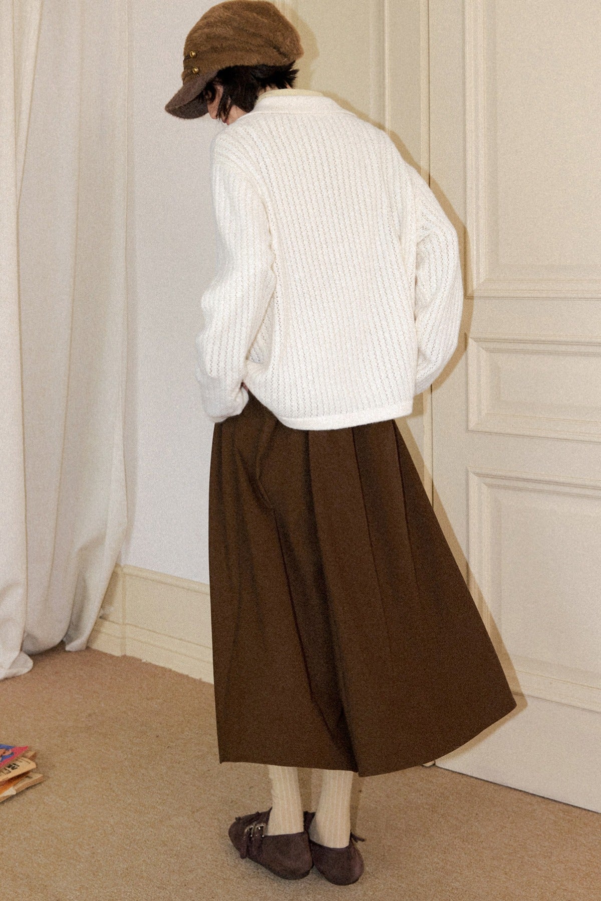 Perforated Long-Sleeved Vertical Stripe Printed Knit Set-Up