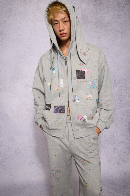 Bunny Ear Rhinestone Sticker Sweat Jacket
