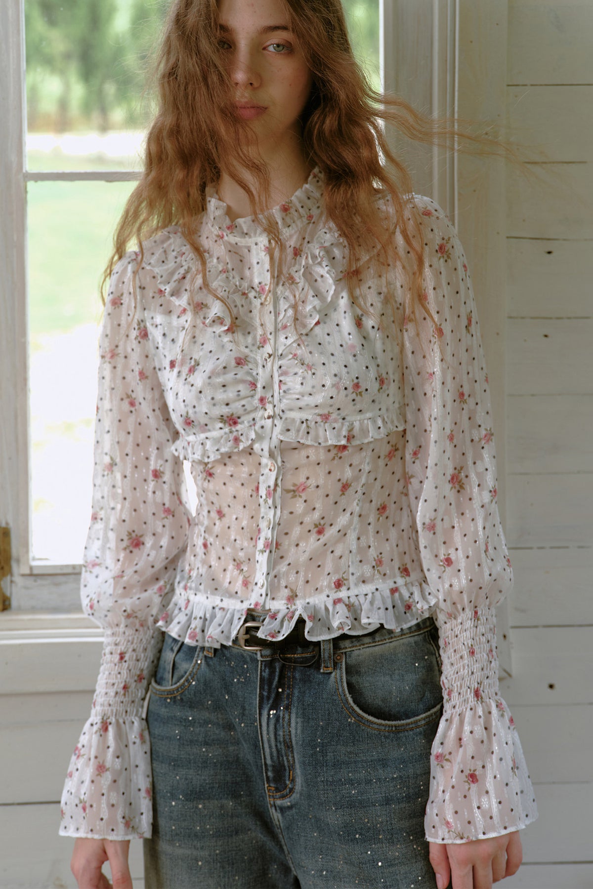 Ruffled Polka Dot Floral Blouse