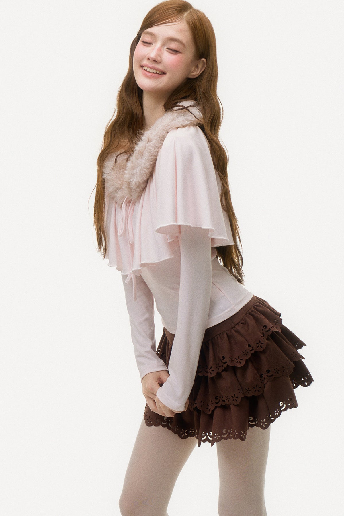 Large Ruffle Cape Shawl Fur Top