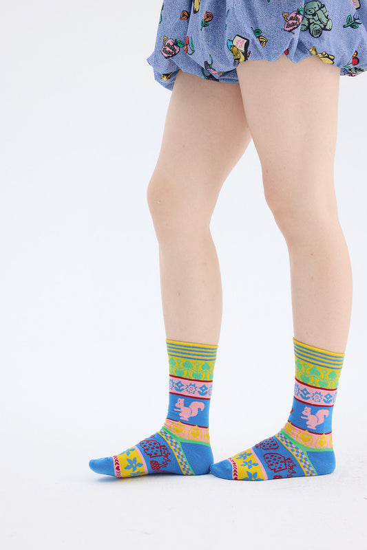 Bright Blue Yellow Geometric Pattern Knitted Socks