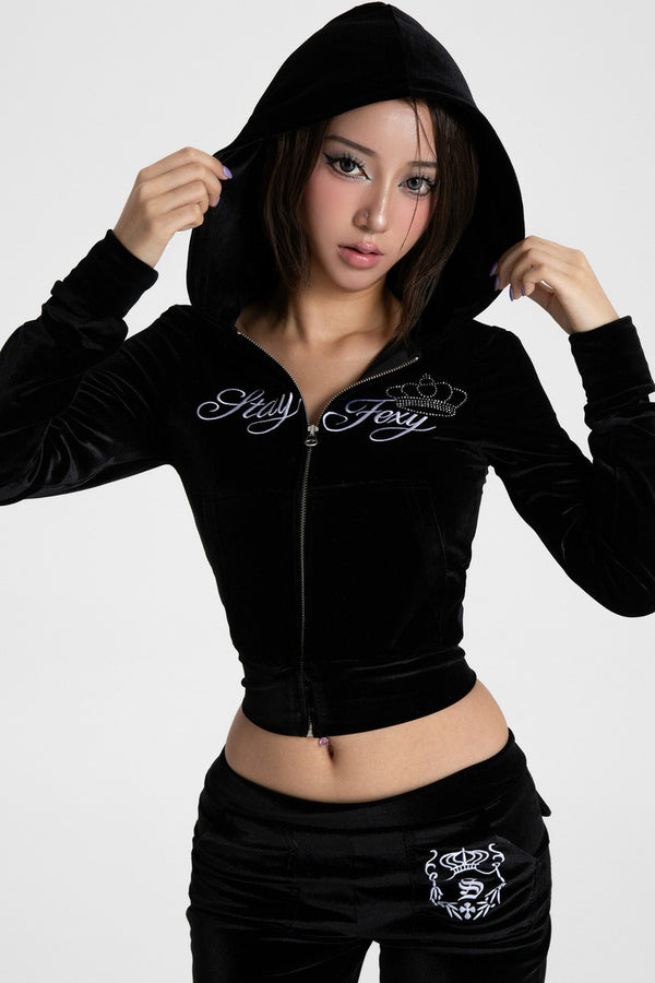 Glossy Velvet Hooded Tracksuit Set-Up