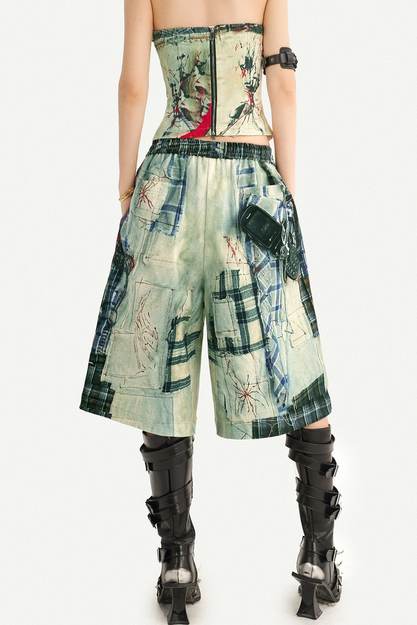 Patchwork Plaid Wide-Leg Pants