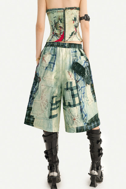 Patchwork Plaid Wide-Leg Pants