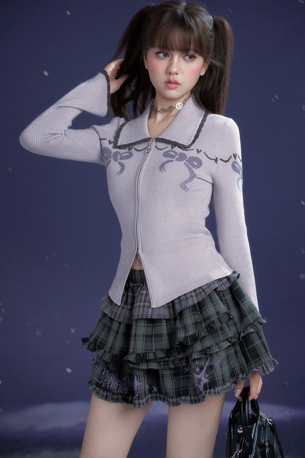 Milk Purple Bow Jacquard Turn-Down Collar Sweater