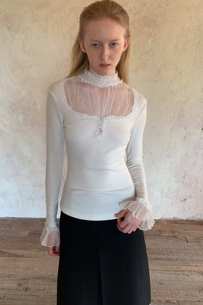Mesh Ruffle Sleeve Knit Top
