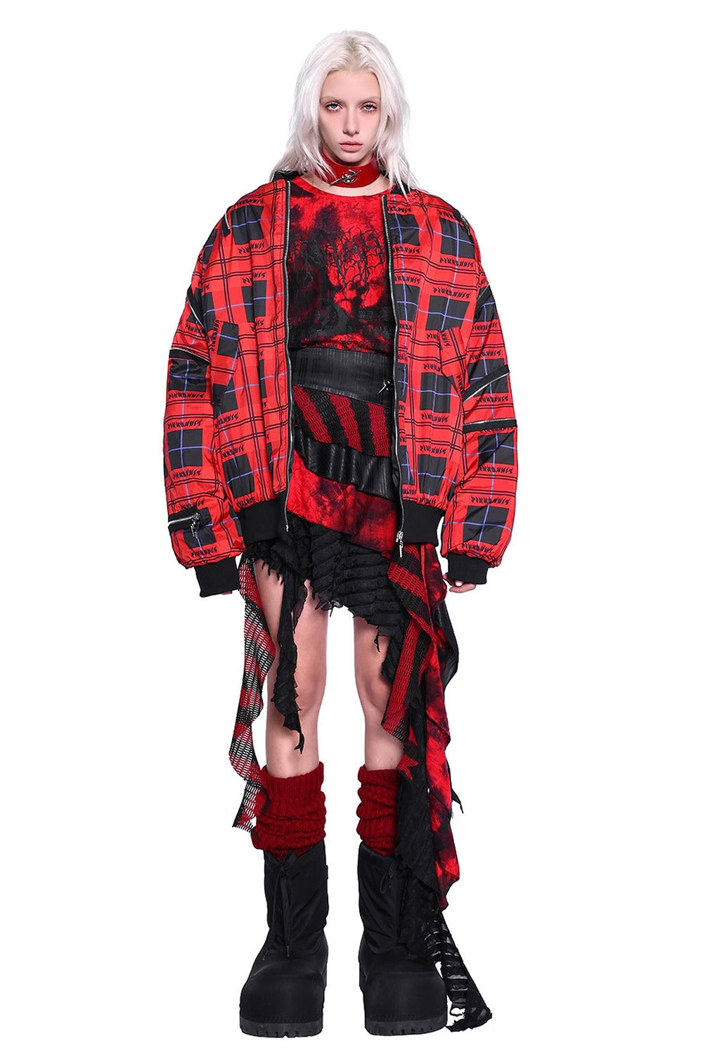 Flame Red Quilted Zipper Structure Patchwork Jacket